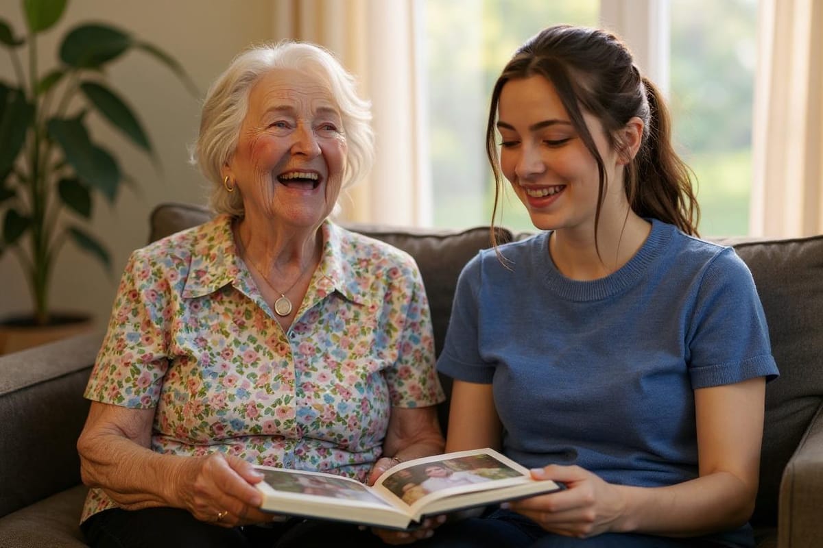 Lily and her grandmother looking at a photo album